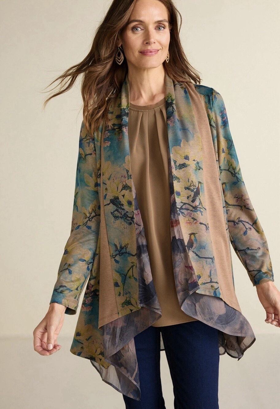 Soft Surroundings Cardigan Tea Gardens Topper Brown Bird Floral 2BZ08 XL cottage